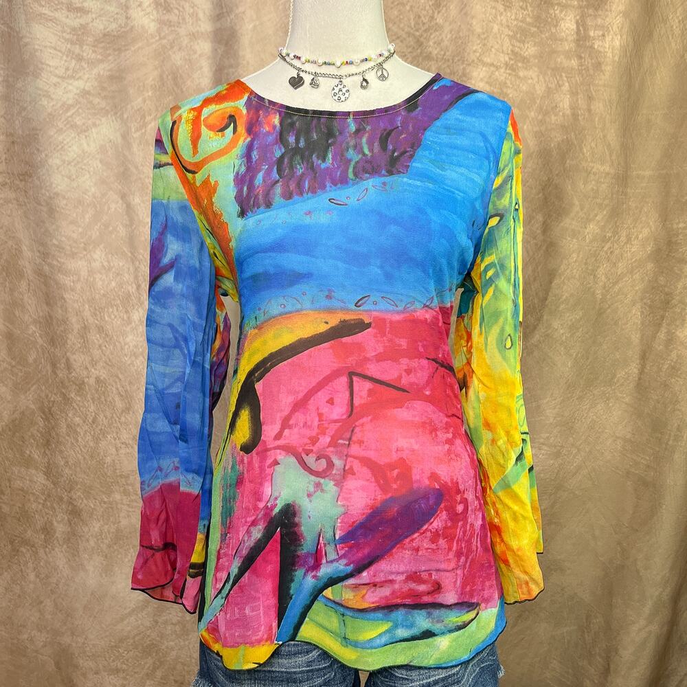 Chiffon Mesh Blouse Multicolor Abstract Floral Long Sleeve Vintage 90s Boho Y2K